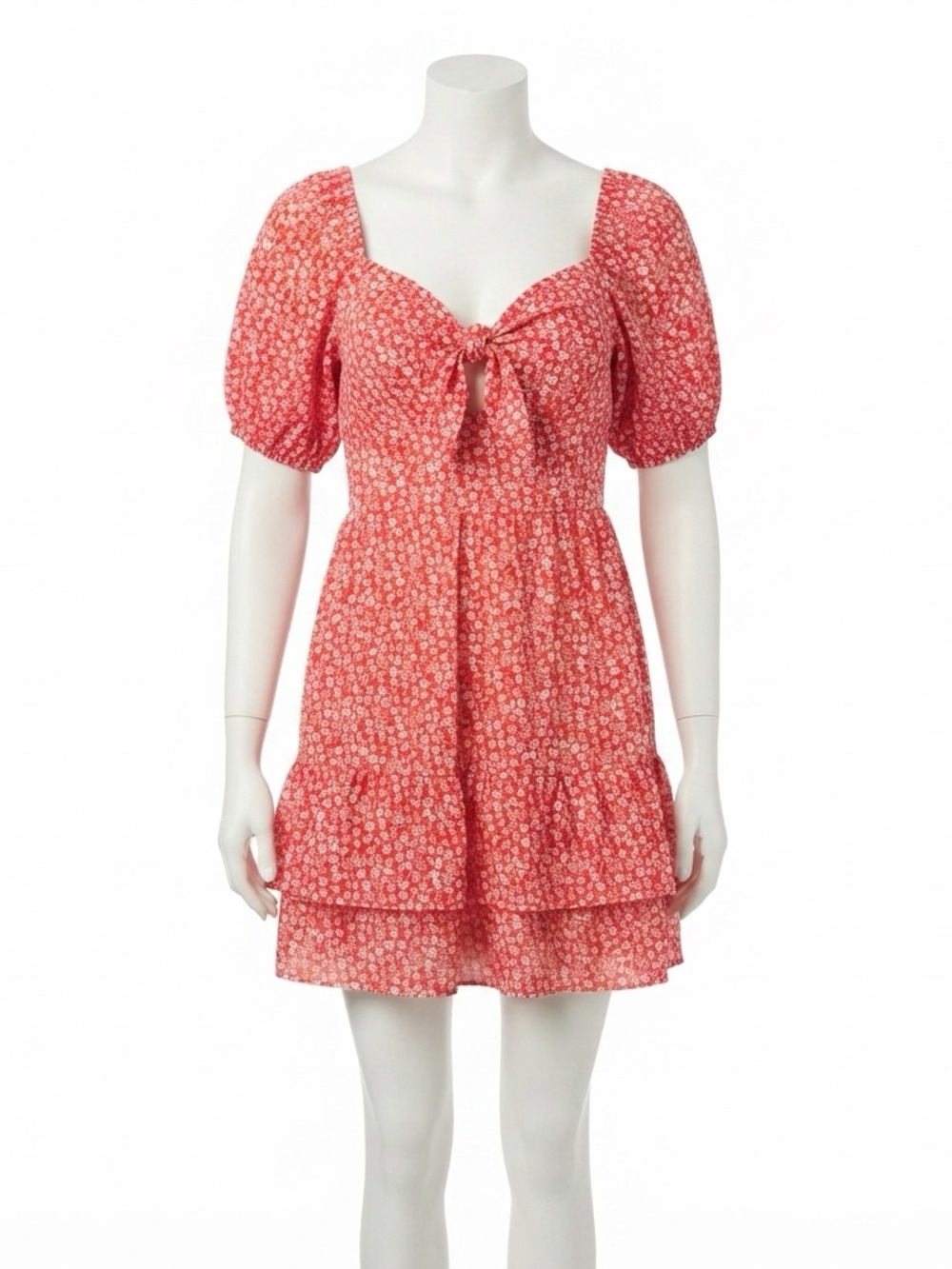 LC Lauren Conrad Coral Red Floral Tie-Front Puff Sleeve Mini Dress